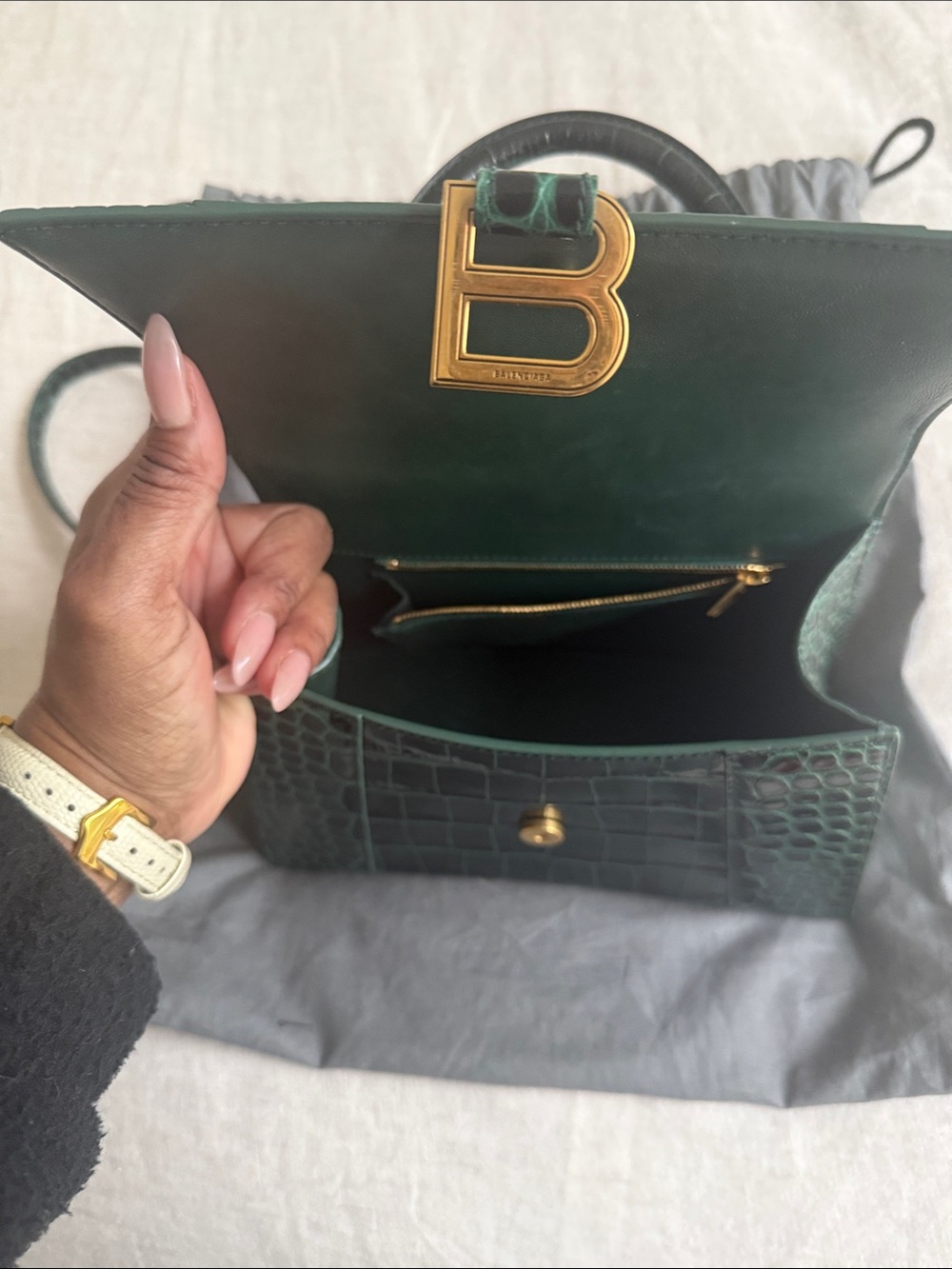 Balenciaga Green Croc-Embossed Hourglass Mini Top Handle Bag with Gold Hardware - Picture 3 of 7